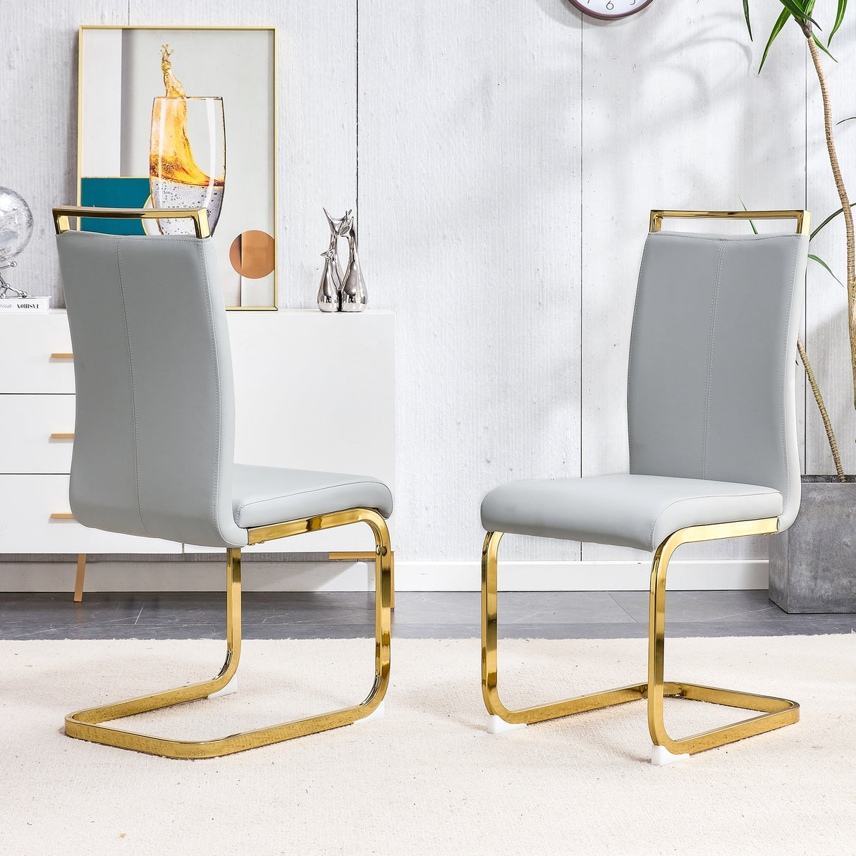 PU Faux Leather High Back Upholstered Side Chair with C-shaped Tube Golden Coating Metal Legs - N/A