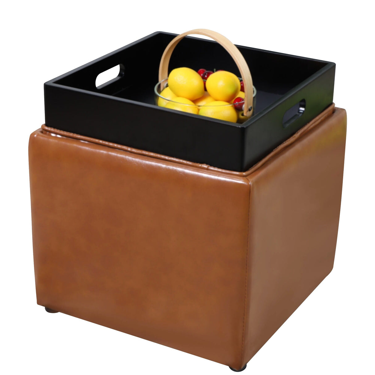 PU Leather Storage Ottoman Cube with Tray, Footrest Stool Seat
