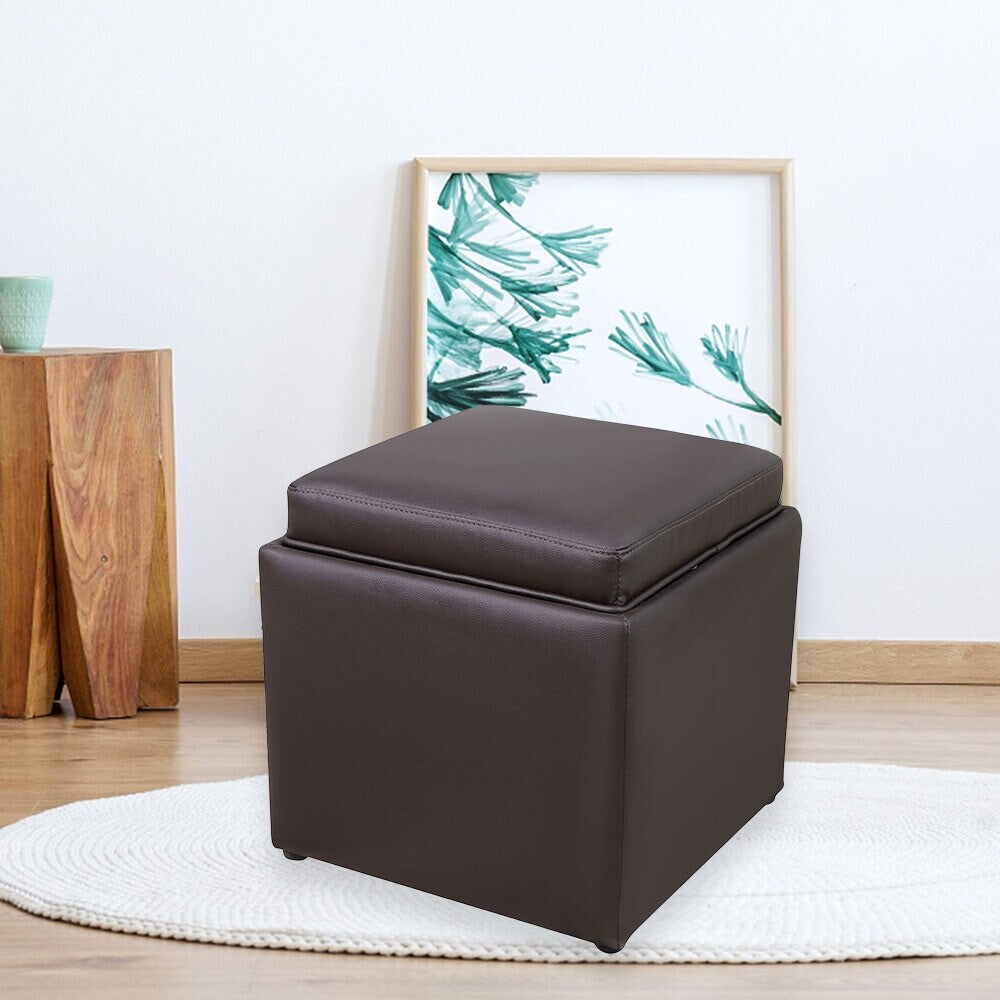 PU Leather Storage Ottoman Cube with Tray, Footrest Stool Seat