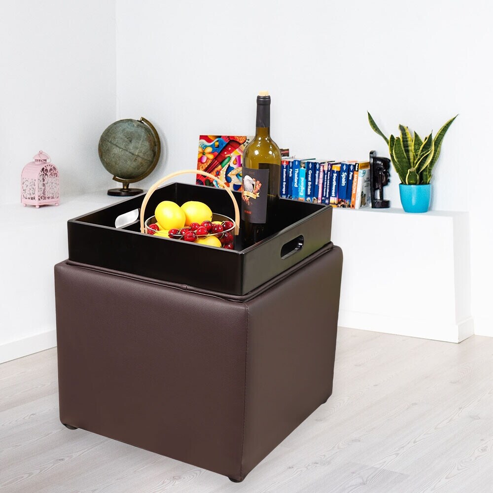 PU Leather Storage Ottoman Cube with Tray, Footrest Stool Seat