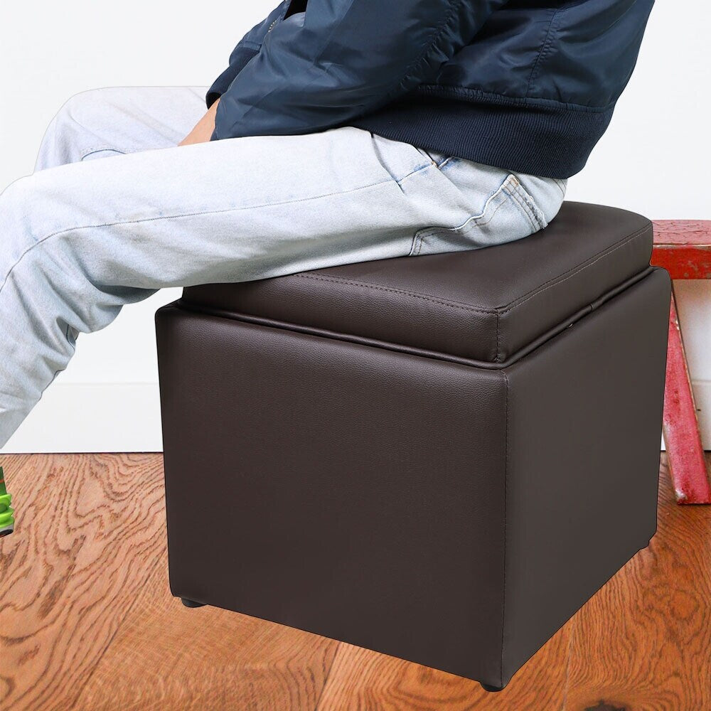 PU Leather Storage Ottoman Cube with Tray, Footrest Stool Seat