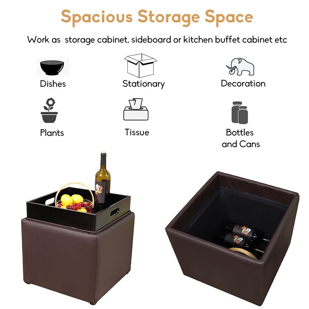 PU Leather Storage Ottoman Cube with Tray, Footrest Stool Seat