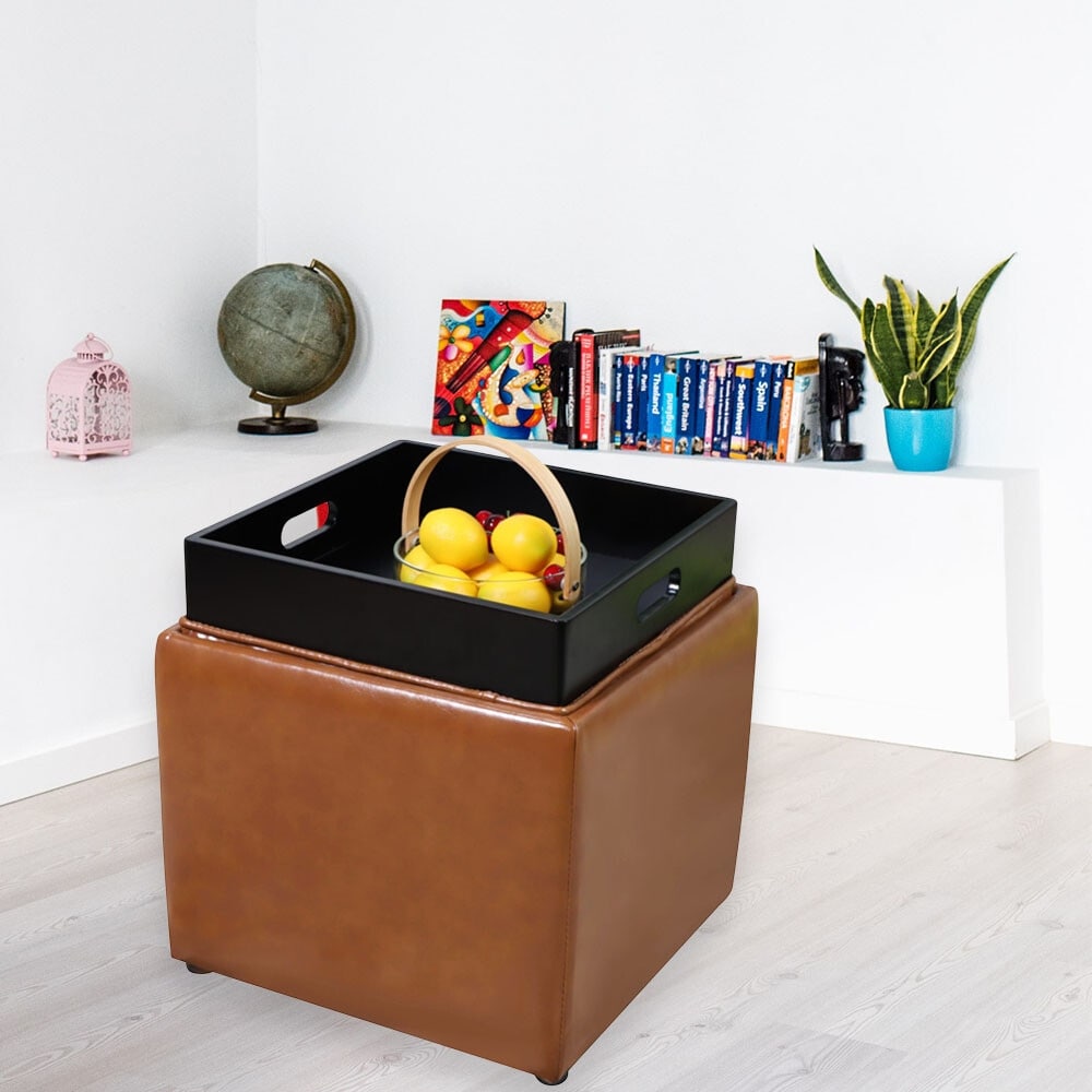 PU Leather Storage Ottoman Cube with Tray, Footrest Stool Seat