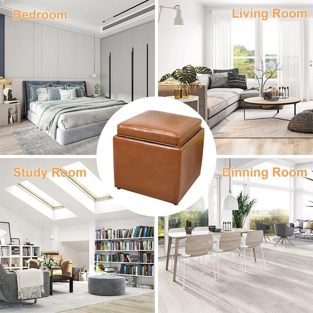 PU Leather Storage Ottoman Cube with Tray, Footrest Stool Seat