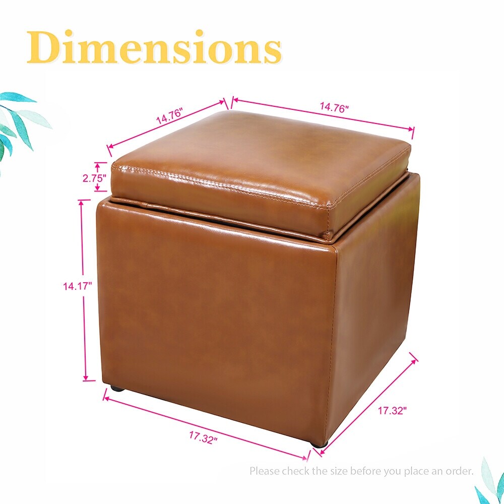PU Leather Storage Ottoman Cube with Tray, Footrest Stool Seat