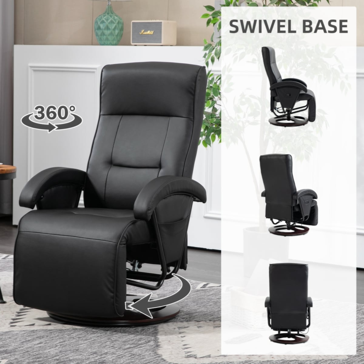 PU Recliner with Footrest, Lounge Chair with 135° Adjustable Backrest, Swivel Wood Base, Padded Seat & Armrests