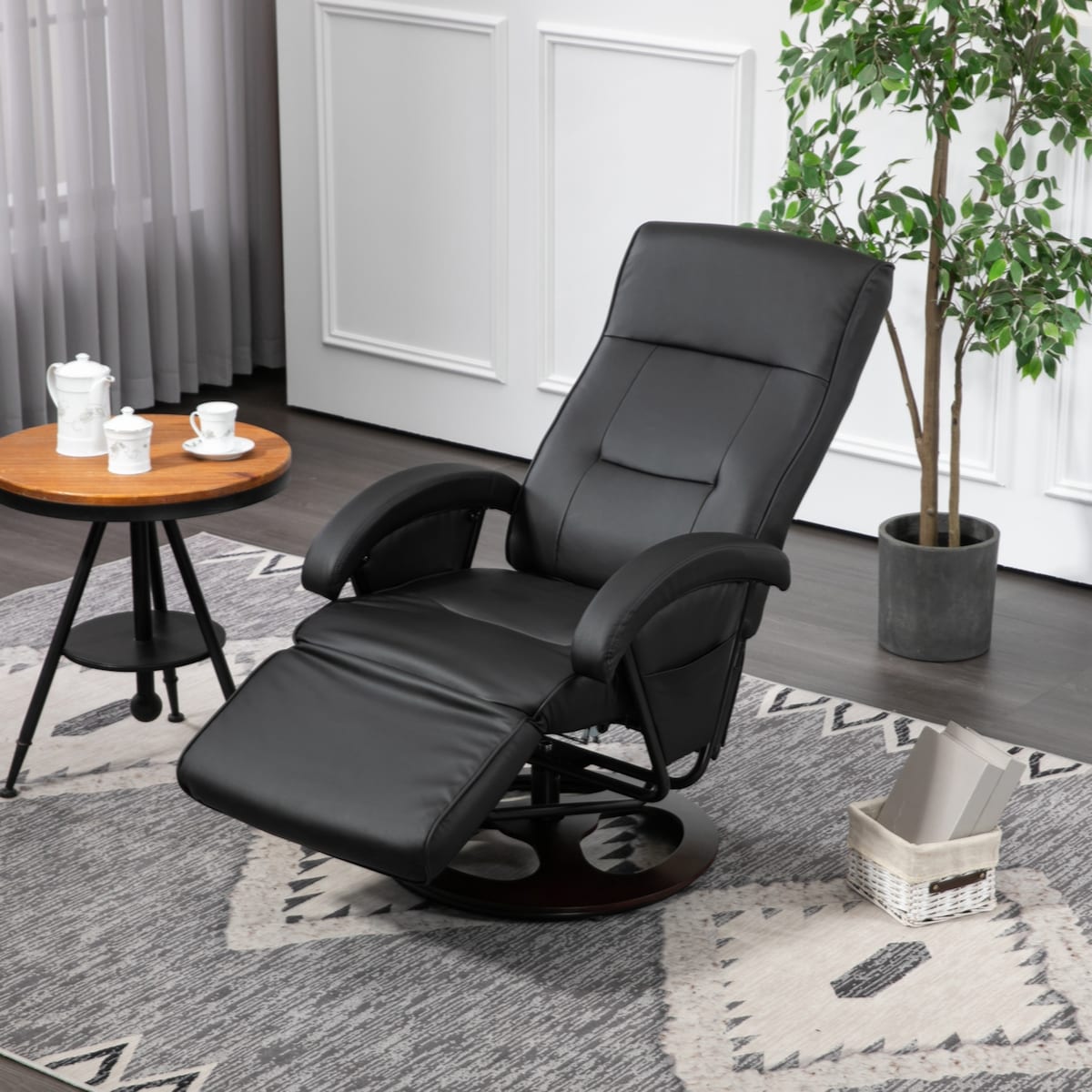 PU Recliner with Footrest, Lounge Chair with 135° Adjustable Backrest, Swivel Wood Base, Padded Seat & Armrests