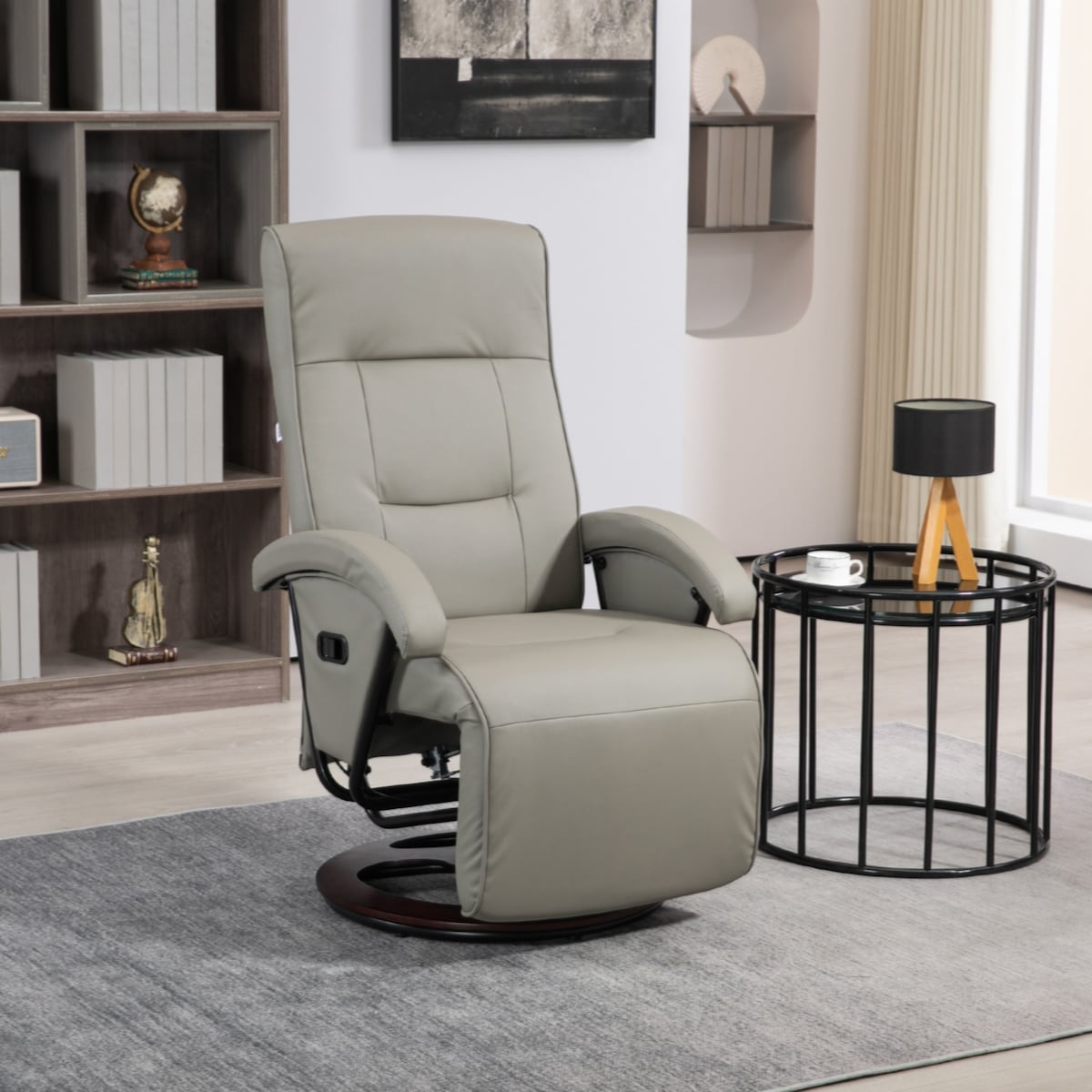 PU Recliner with Footrest, Lounge Chair with 135° Adjustable Backrest, Swivel Wood Base, Padded Seat & Armrests