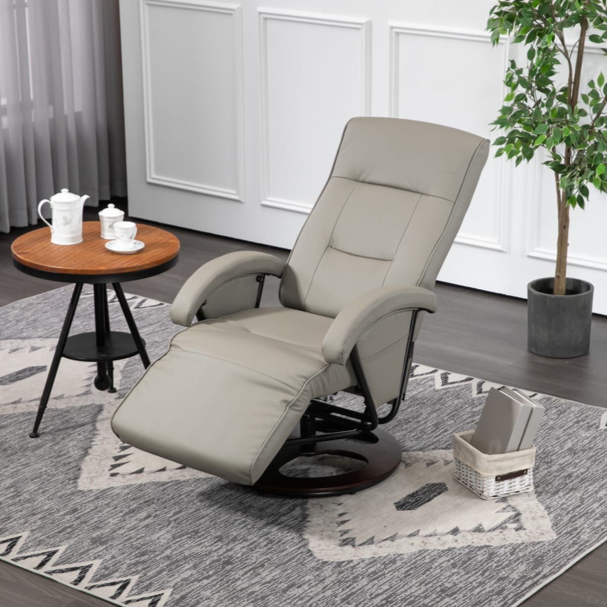 PU Recliner with Footrest, Lounge Chair with 135° Adjustable Backrest, Swivel Wood Base, Padded Seat & Armrests