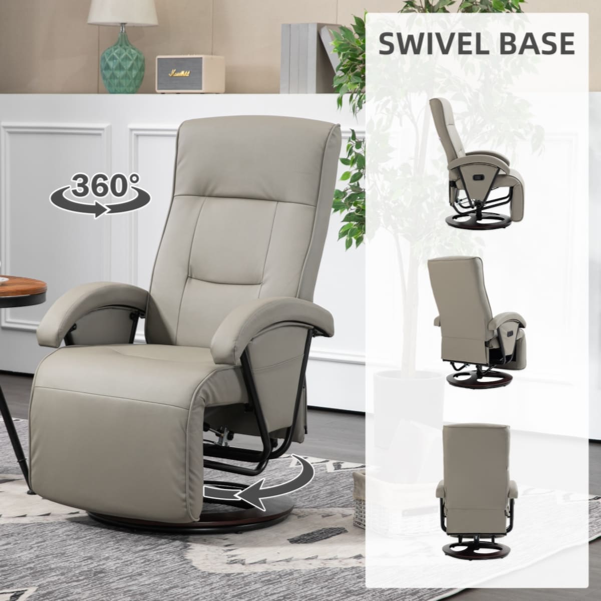 PU Recliner with Footrest, Lounge Chair with 135° Adjustable Backrest, Swivel Wood Base, Padded Seat & Armrests