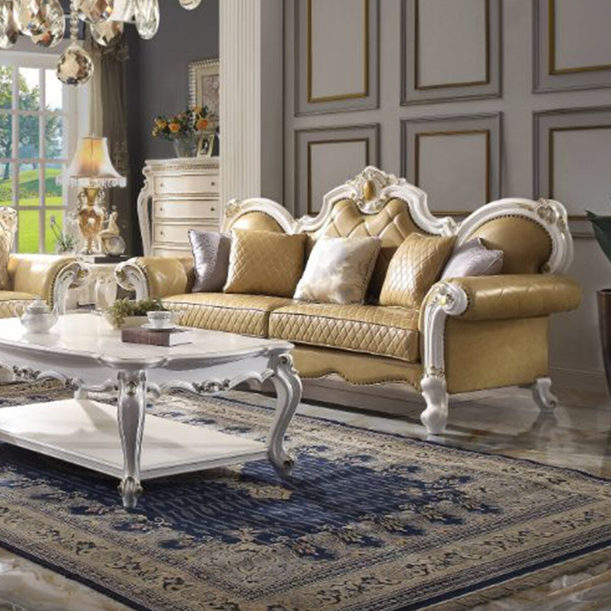 PU Upholstered Sofa with 5 Pillows in Antique Pearl and Butterscotch
