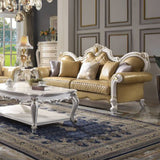 PU Upholstered Sofa with 5 Pillows in Antique Pearl and Butterscotch