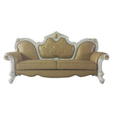 PU Upholstered Sofa with 5 Pillows in Antique Pearl and Butterscotch