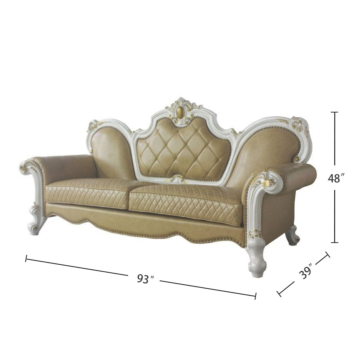 PU Upholstered Sofa with 5 Pillows in Antique Pearl and Butterscotch