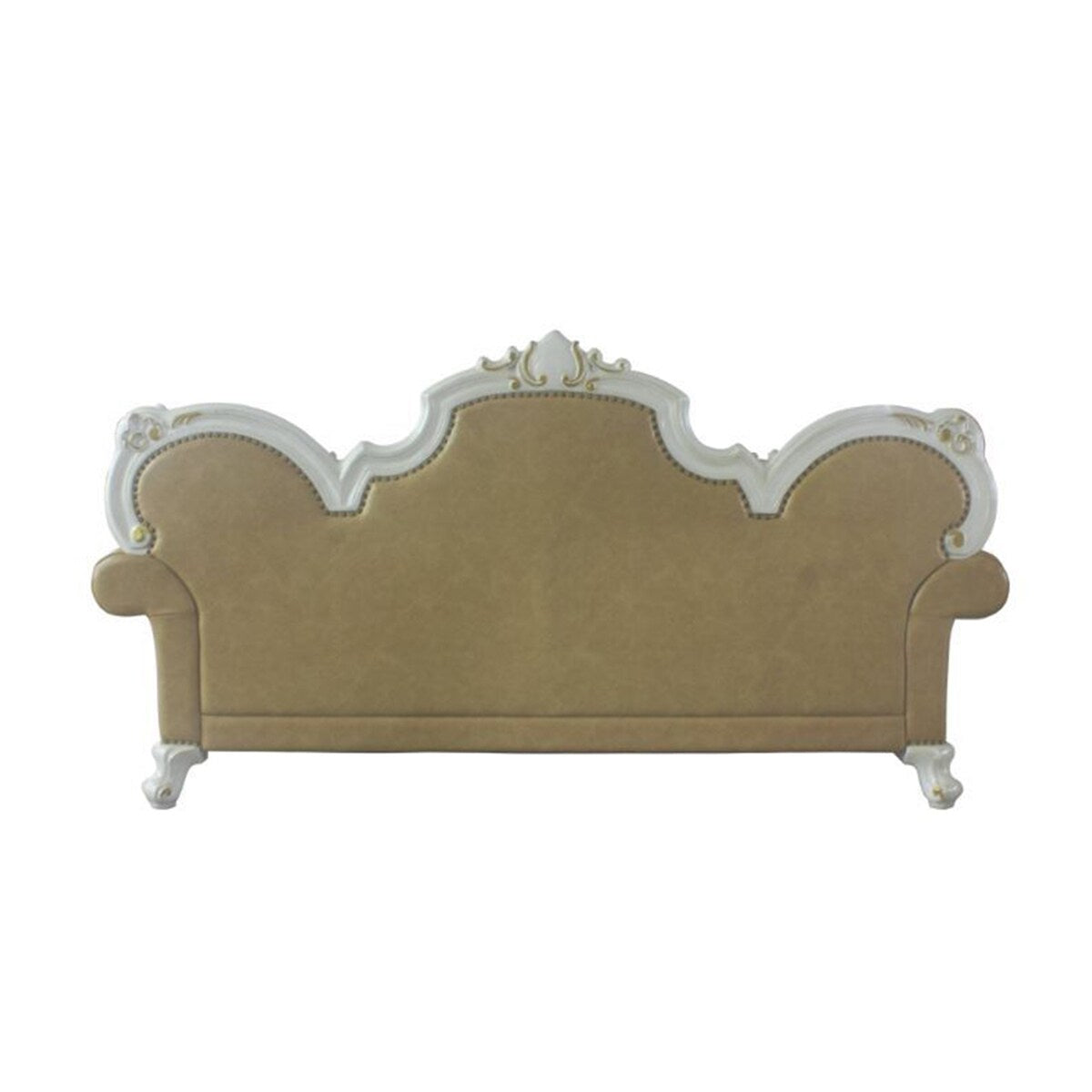 PU Upholstered Sofa with 5 Pillows in Antique Pearl and Butterscotch