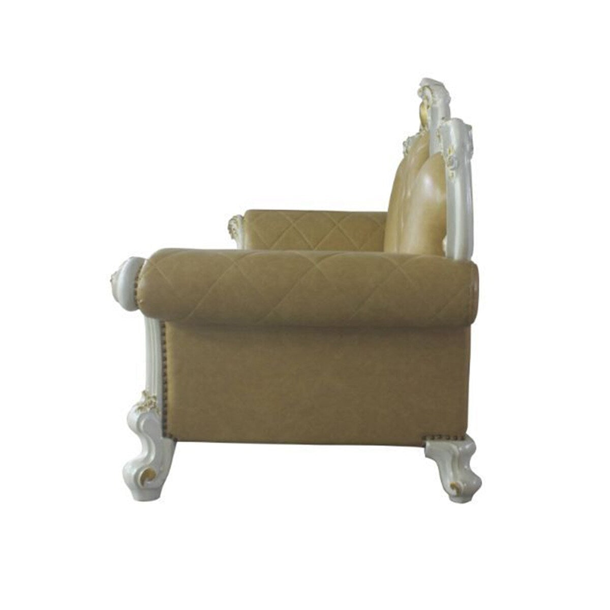 PU Upholstered Sofa with 5 Pillows in Antique Pearl and Butterscotch