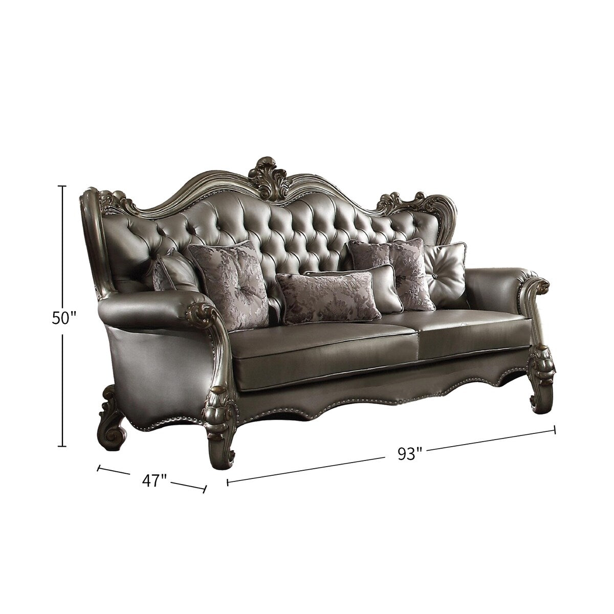 PU Upholstered Sofa with 6 Pillows in Antique Platinum and Silver