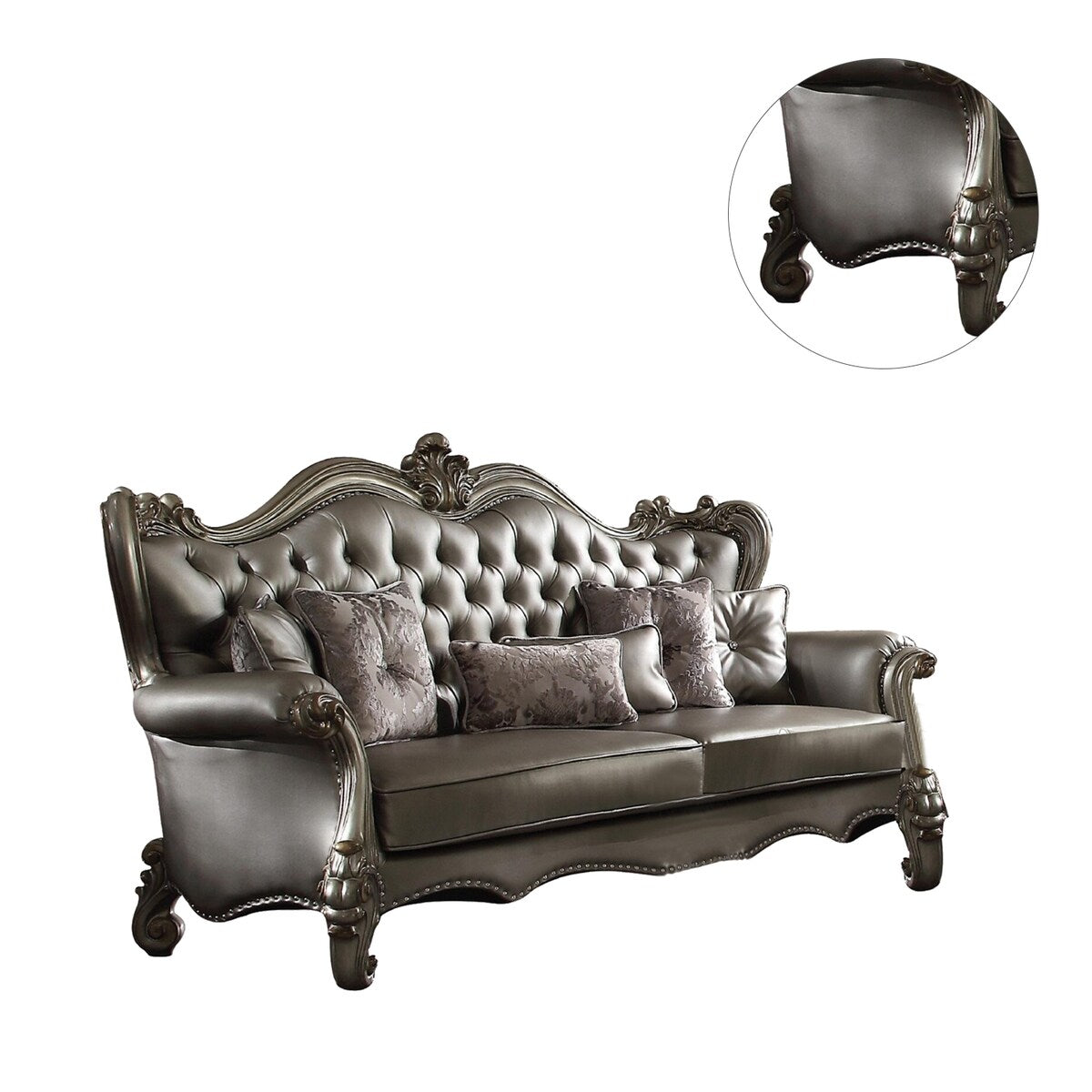 PU Upholstered Sofa with 6 Pillows in Antique Platinum and Silver
