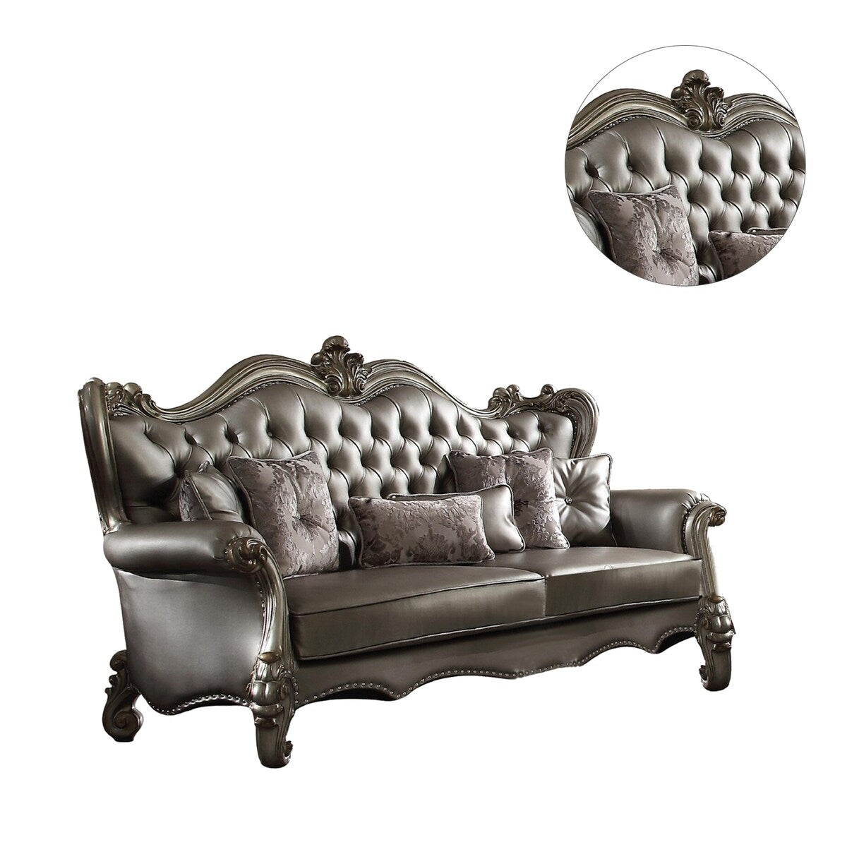 PU Upholstered Sofa with 6 Pillows in Antique Platinum and Silver