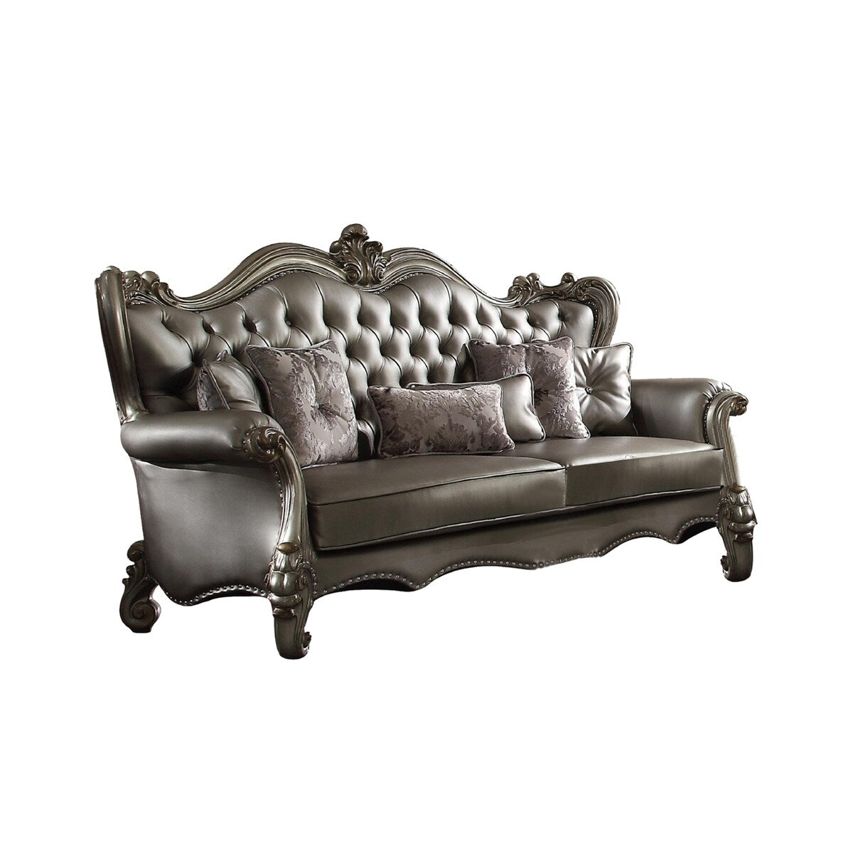 PU Upholstered Sofa with 6 Pillows in Antique Platinum and Silver