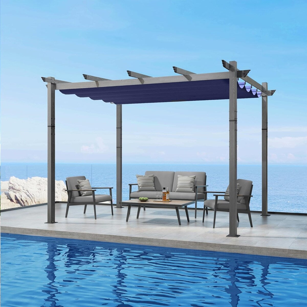 PURPLE LEAF Outdoor Retractable Aluminum Pergola Grey Wood Grain Frame Gazebo With Adjustable Shade Canopy