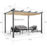 PURPLE LEAF Outdoor Retractable Aluminum Pergola Grey Wood Grain Frame Gazebo With Adjustable Shade Canopy