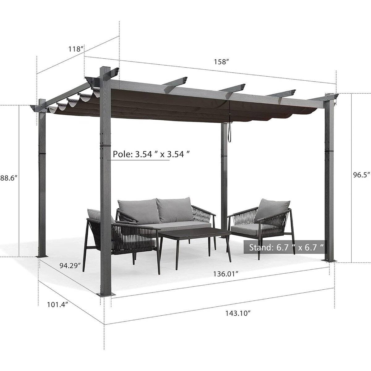 PURPLE LEAF Outdoor Retractable Aluminum Pergola Grey Wood Grain Frame Gazebo With Adjustable Shade Canopy