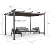 PURPLE LEAF Outdoor Retractable Aluminum Pergola Grey Wood Grain Frame Gazebo With Adjustable Shade Canopy