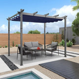 PURPLE LEAF Outdoor Retractable Aluminum Pergola Grey Wood Grain Frame Gazebo With Adjustable Shade Canopy