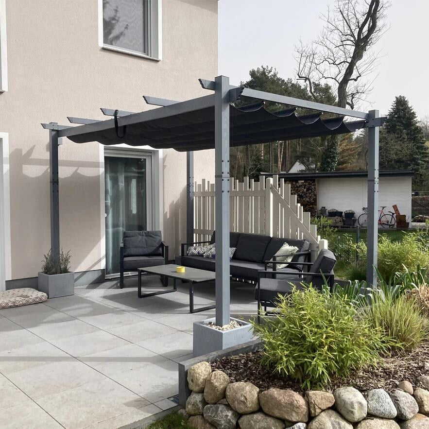 PURPLE LEAF Outdoor Retractable Aluminum Pergola Grey Wood Grain Frame Gazebo With Adjustable Shade Canopy