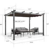 PURPLE LEAF Outdoor Retractable Aluminum Pergola Grey Wood Grain Frame Gazebo With Adjustable Shade Canopy