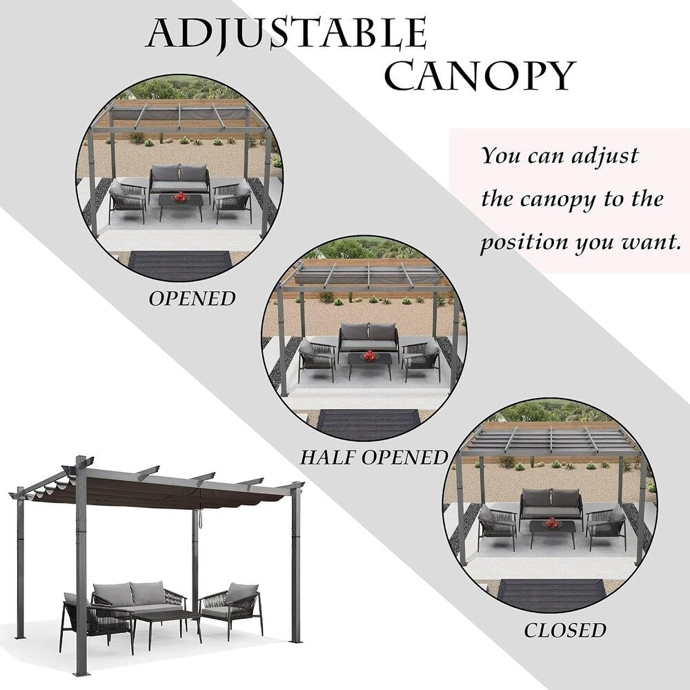 PURPLE LEAF Outdoor Retractable Aluminum Pergola Grey Wood Grain Frame Gazebo w Lights