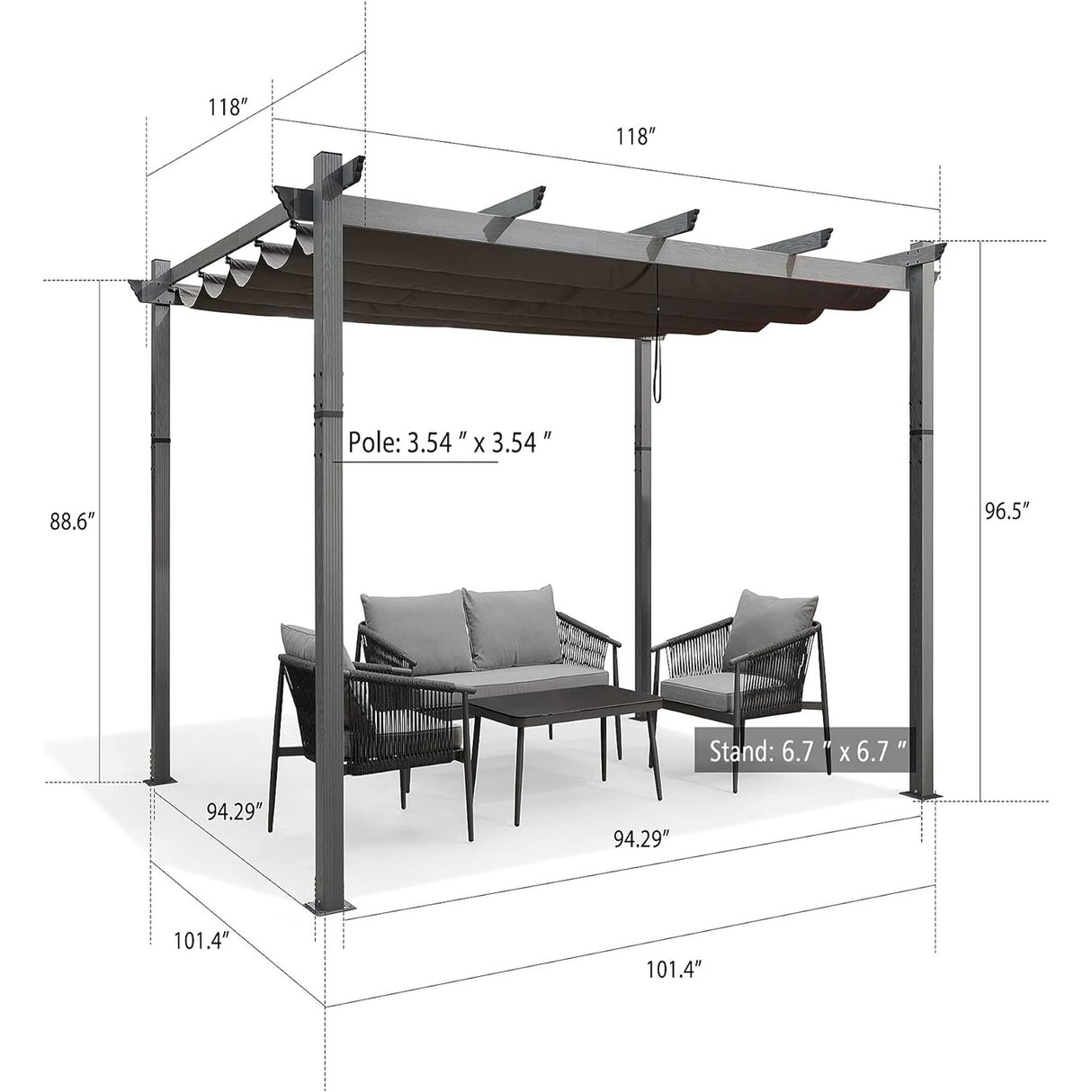 PURPLE LEAF Outdoor Retractable Aluminum Pergola Grey Wood Grain Frame Gazebo w Lights