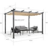 PURPLE LEAF Outdoor Retractable Aluminum Pergola Grey Wood Grain Frame Gazebo w Lights