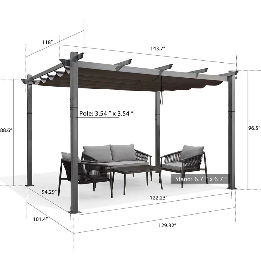 PURPLE LEAF Outdoor Retractable Aluminum Pergola Grey Wood Grain Frame Gazebo w Lights
