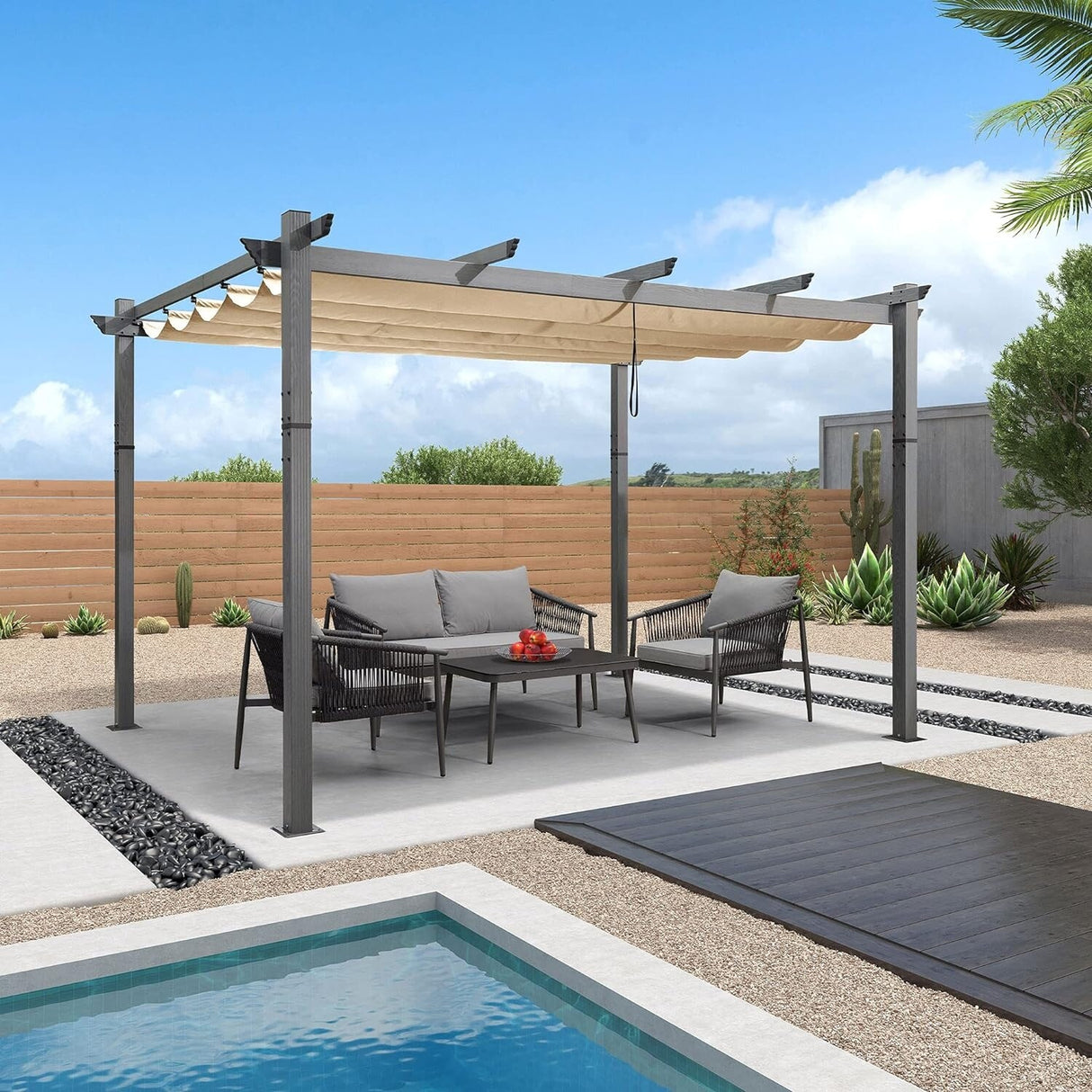 PURPLE LEAF Outdoor Retractable Aluminum Pergola Grey Wood Grain Frame Gazebo w Lights