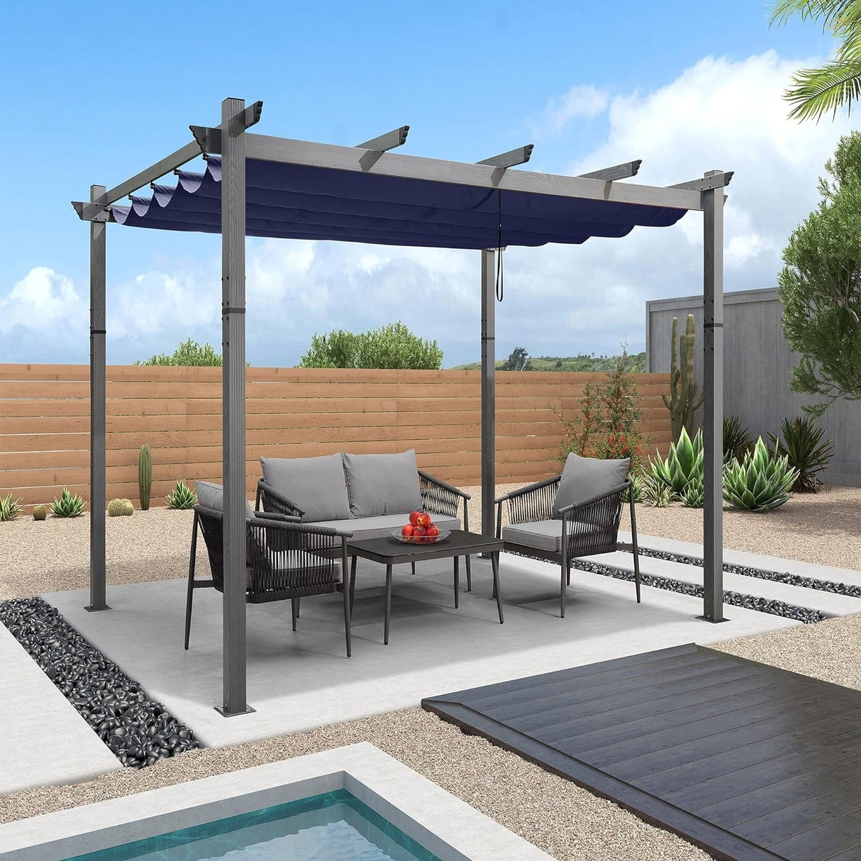 PURPLE LEAF Outdoor Retractable Aluminum Pergola Grey Wood Grain Frame Gazebo w Lights