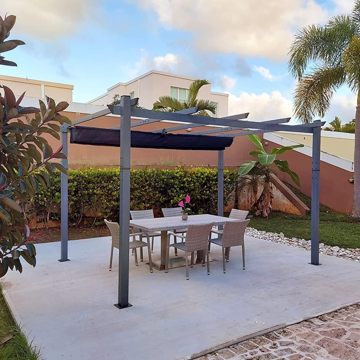 PURPLE LEAF Outdoor Retractable Aluminum Pergola Grey Wood Grain Frame Gazebo w Lights