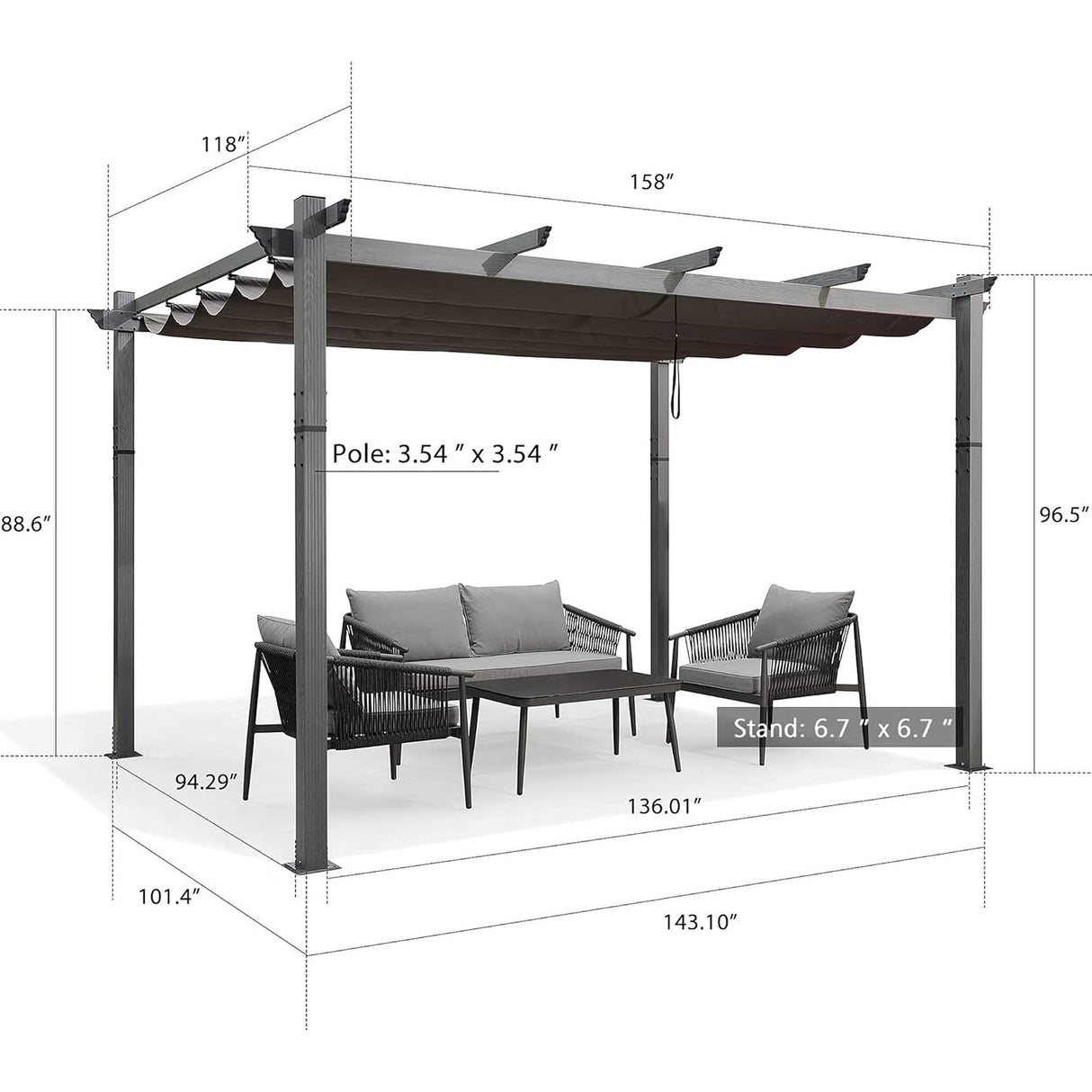 PURPLE LEAF Outdoor Retractable Aluminum Pergola Grey Wood Grain Frame Gazebo w Lights