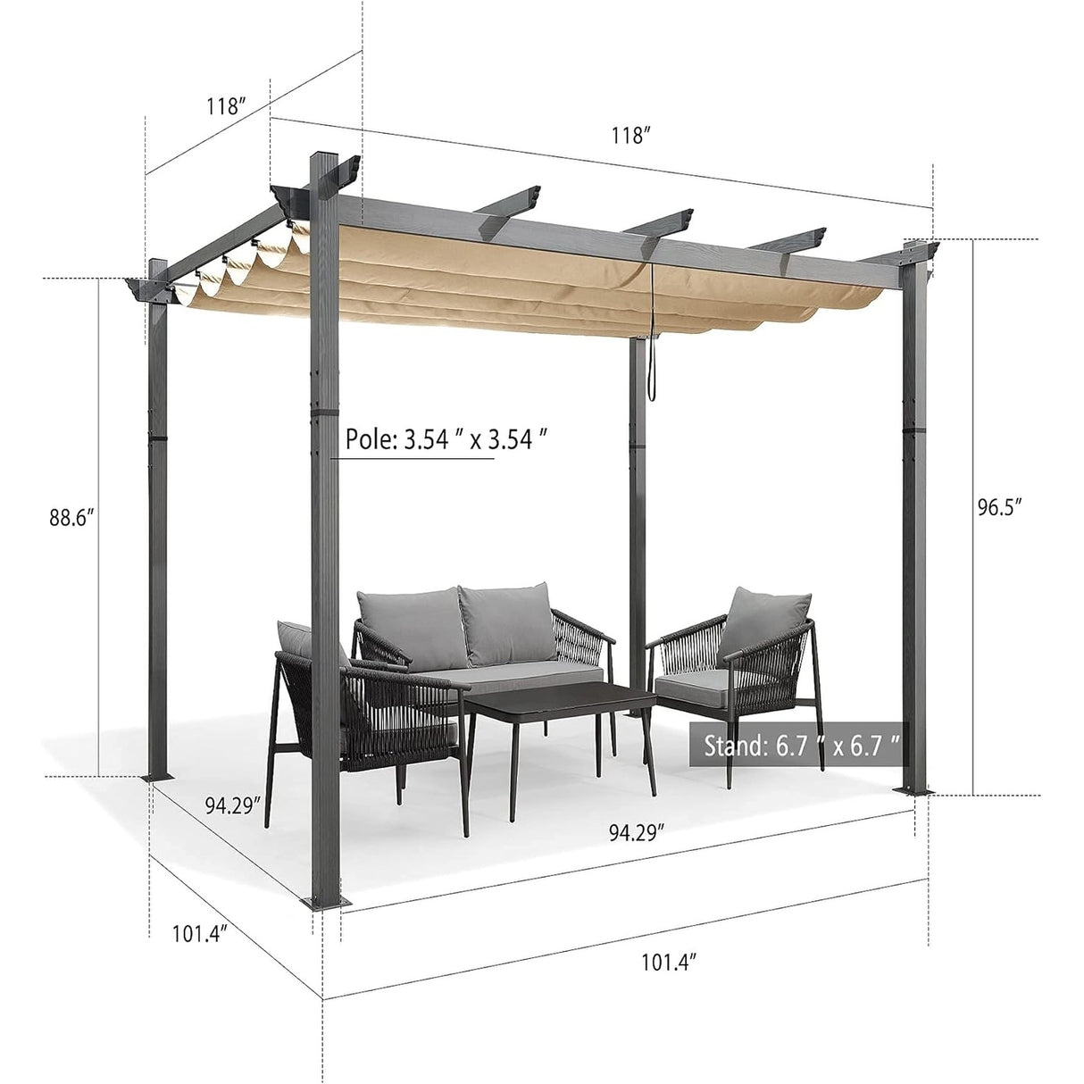 PURPLE LEAF Outdoor Retractable Aluminum Pergola Grey Wood Grain Frame Gazebo w Lights