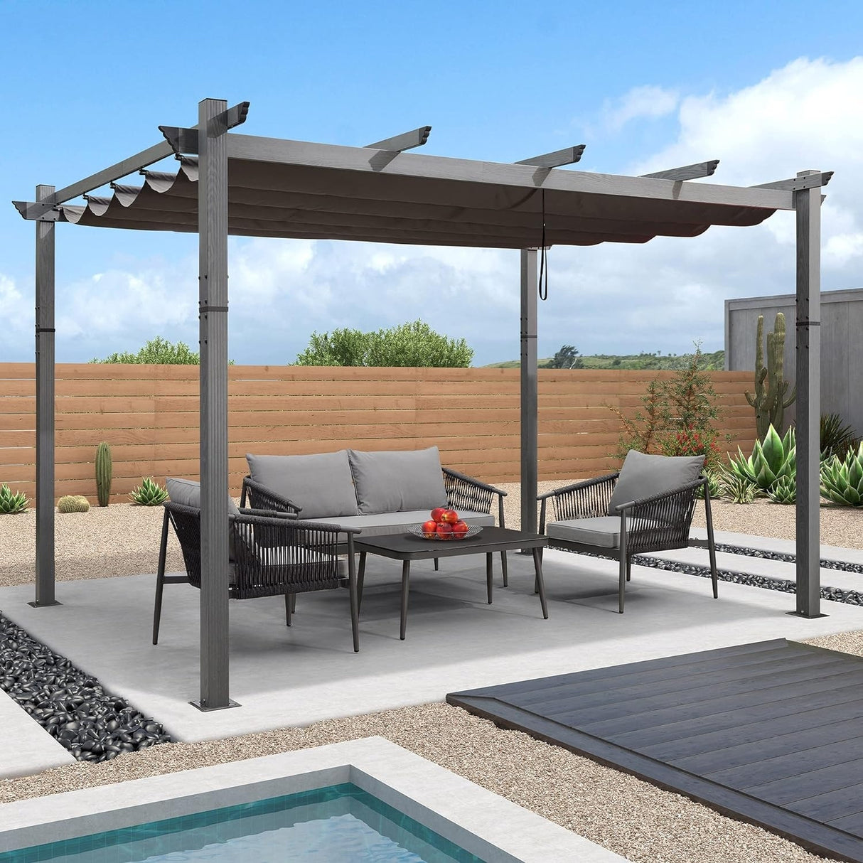 PURPLE LEAF Outdoor Retractable Aluminum Pergola Grey Wood Grain Frame Gazebo w Lights
