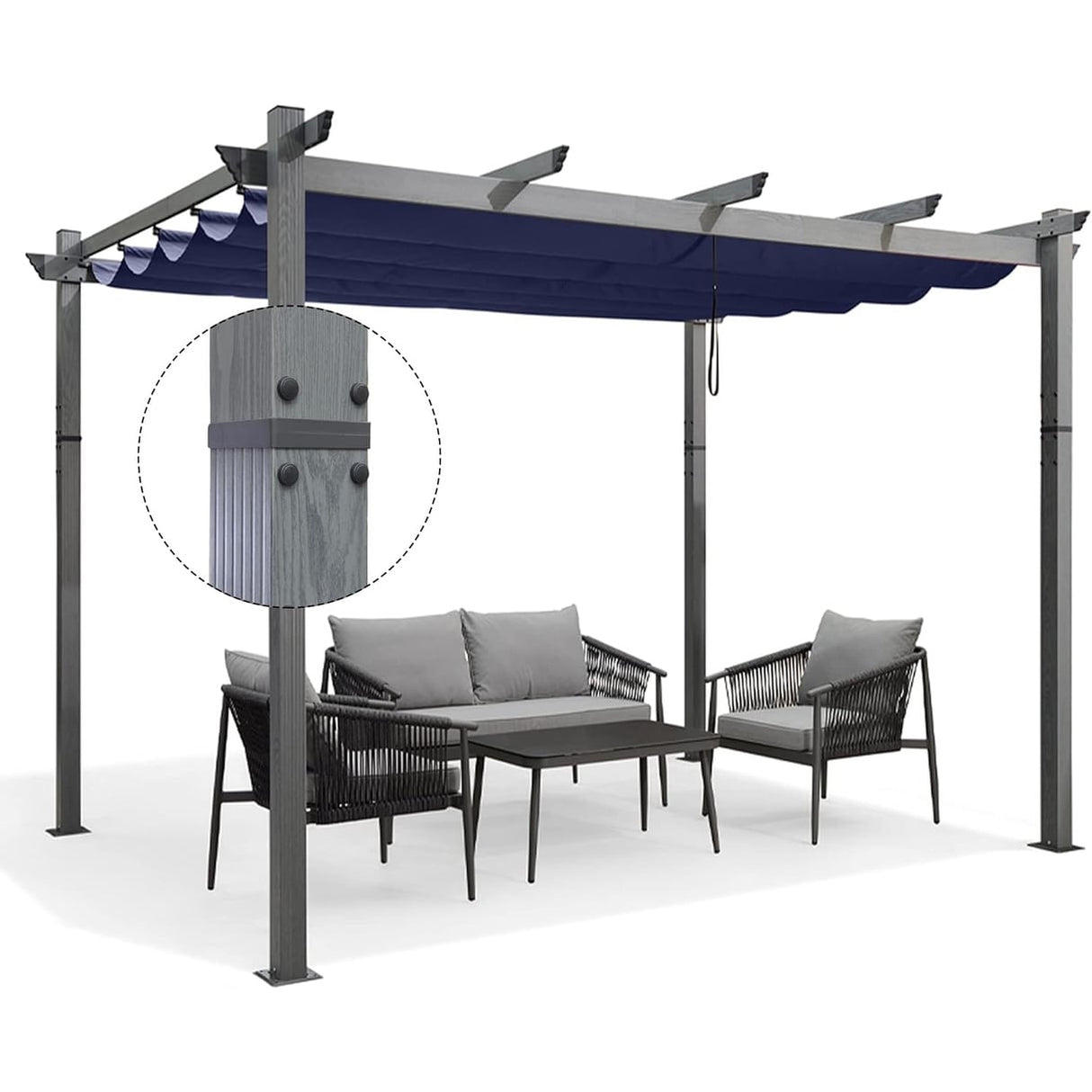 PURPLE LEAF Outdoor Retractable Aluminum Pergola Grey Wood Grain Frame Gazebo w Lights