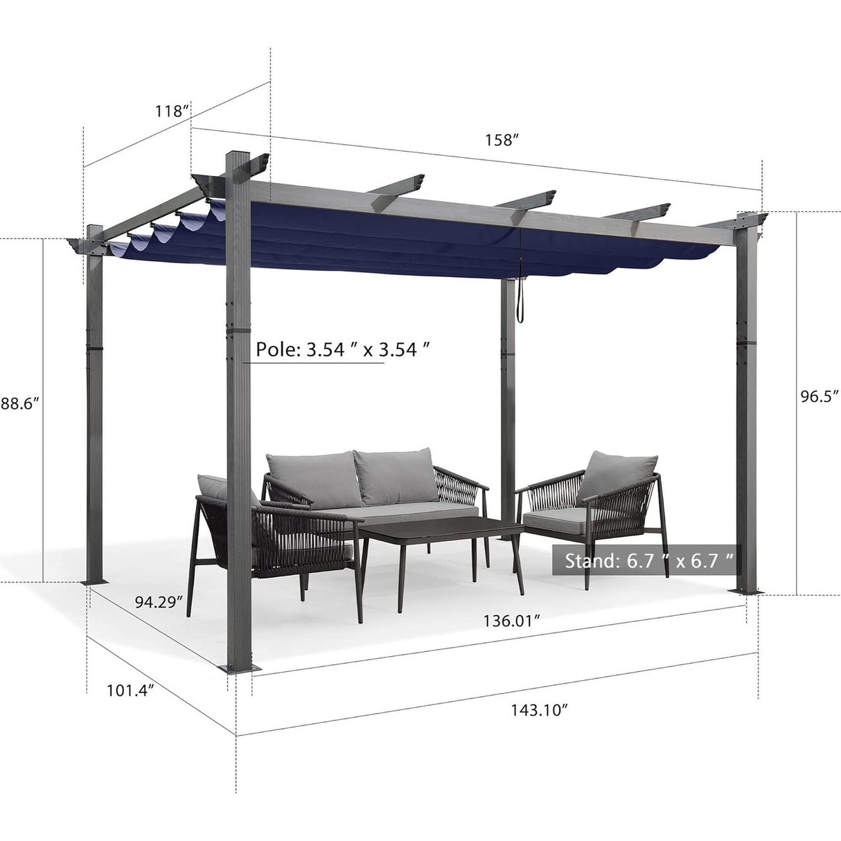 PURPLE LEAF Outdoor Retractable Aluminum Pergola Grey Wood Grain Frame Gazebo w Lights