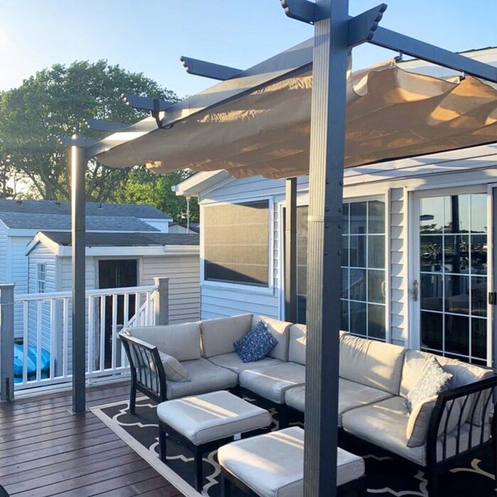 PURPLE LEAF Outdoor Retractable Aluminum Pergola Grey Wood Grain Frame Gazebo w Lights