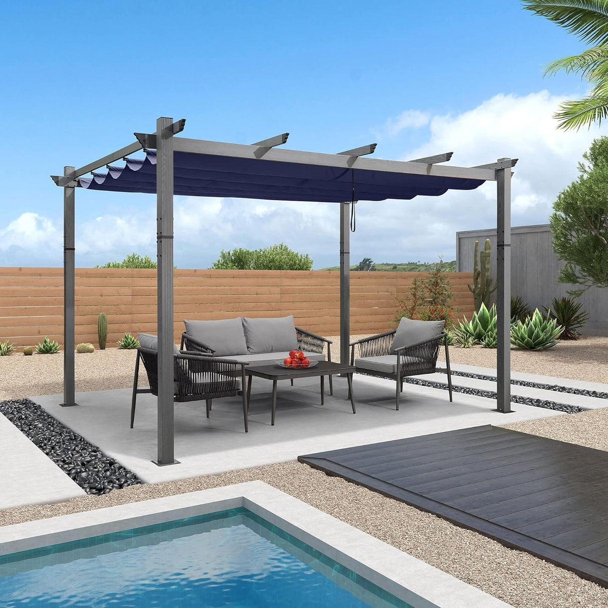 PURPLE LEAF Outdoor Retractable Aluminum Pergola Grey Wood Grain Frame Gazebo w Lights