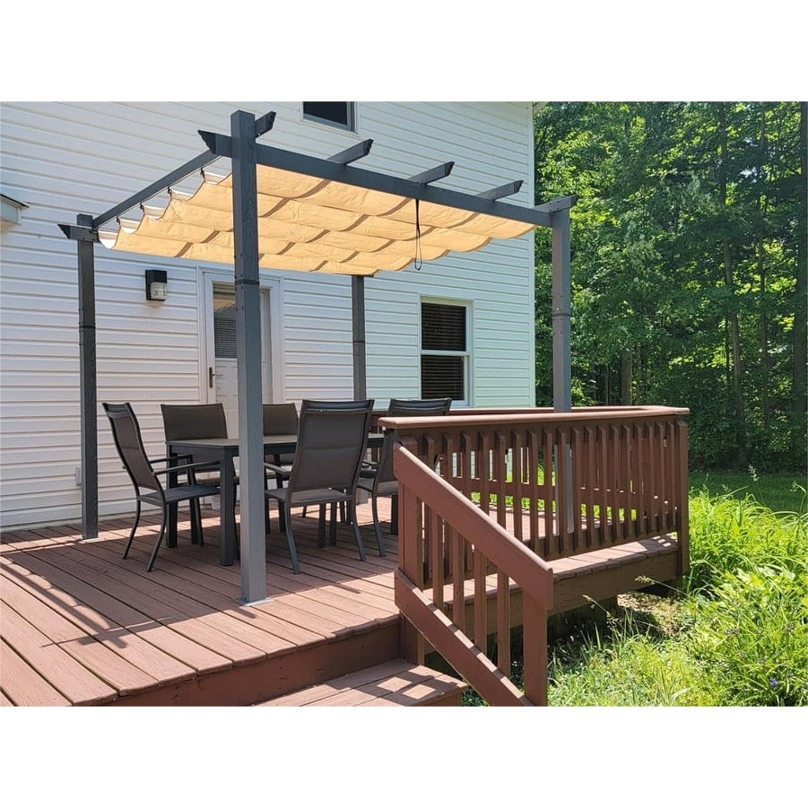 PURPLE LEAF Outdoor Retractable Aluminum Pergola Grey Wood Grain Frame Gazebo w Lights