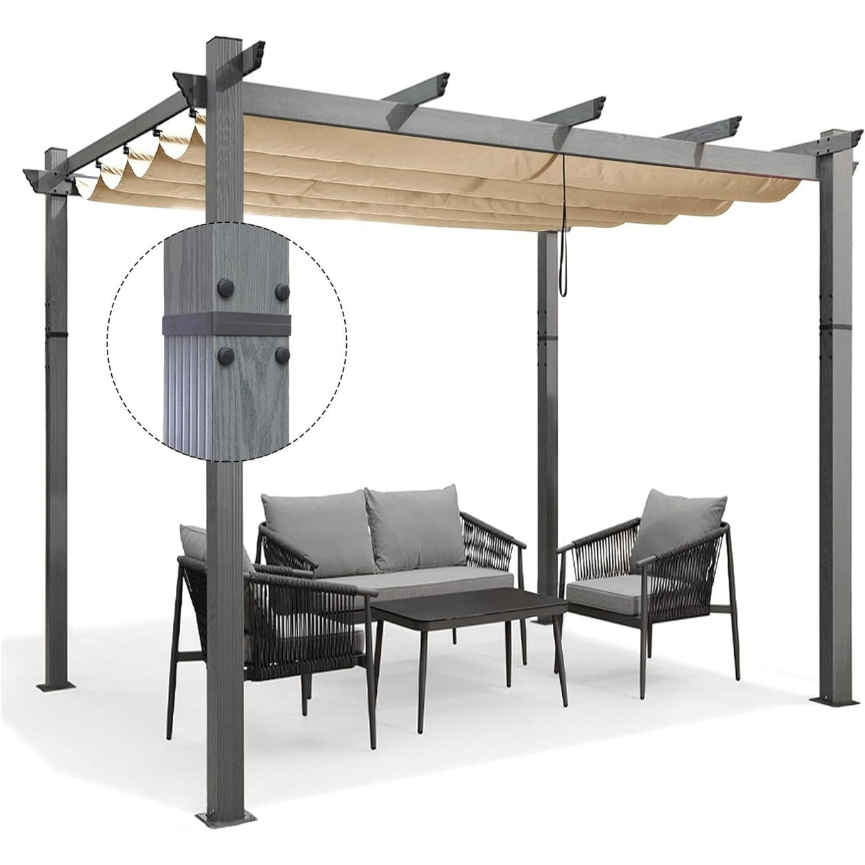 PURPLE LEAF Outdoor Retractable Aluminum Pergola Grey Wood Grain Frame Gazebo w Lights