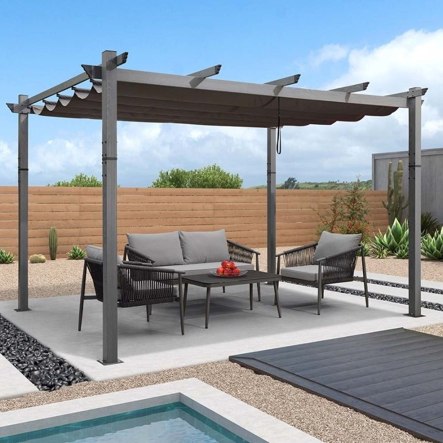 PURPLE LEAF Outdoor Retractable Aluminum Pergola Grey Wood Grain Frame Gazebo w Lights