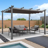 PURPLE LEAF Outdoor Retractable Aluminum Pergola Grey Wood Grain Frame Gazebo w Lights