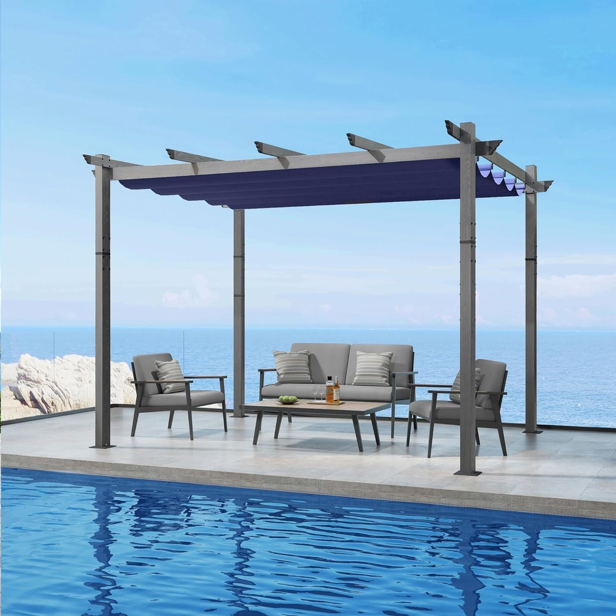 PURPLE LEAF Outdoor Retractable Aluminum Pergola Grey Wood Grain Frame Gazebo w Lights